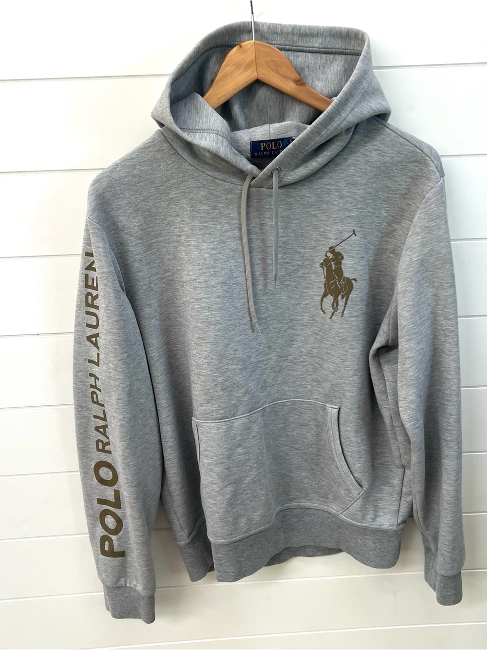 Men’s Polo Ralph Lauren Big Pony Hoodie Grey Gold Sleeve Spellout Size M